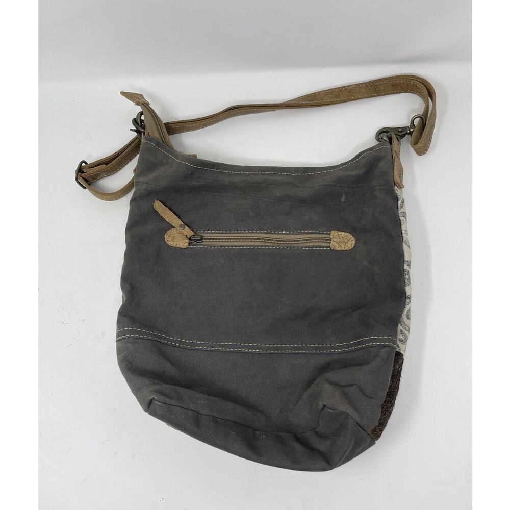 MYRA Purse Canvas Leather Cowhide Shoulder Bag Floral Gray Tan - Picture 6 of 12